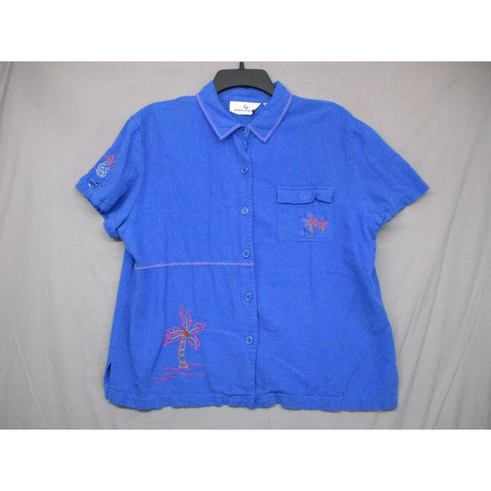 Erin London Blue Tropical Embroidered Short Sleeve ButtonUp Shirt Womens Size L